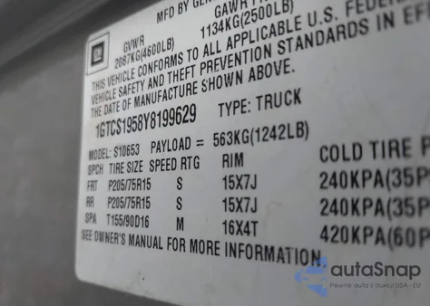 2000 GMC Sonoma Sls z USA, uszkodzony, nr VIN 1GTCS1958Y8199629